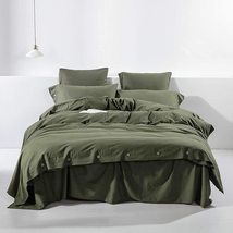 Dark Moss Green Stonewashed Cotton Duvet Cover with Coconut Button Boho Bedding  - £51.53 GBP+