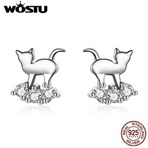 WOSTU Lovely 925 Silver Earrings Crystal Cute Cat Zircon Tiny Stud Earrings For  - £15.13 GBP