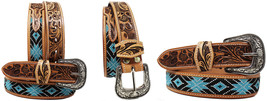 Unisex 1.5&quot; Western Floral Tooled Beaded Full-Grain Leather Belt 26RT38 - £52.12 GBP