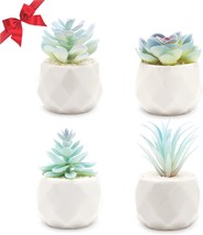 Viverie Winter Blue Artificial Succulent Plants In White Ceramic Pots For Desk, - £27.31 GBP