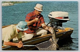 Fishermen With Catch In Small Boat With Evinrude Motor Advertising Postcard B45 - £6.25 GBP