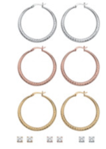 CZ 6 PAIR SET OF ROUND STUD AND HAMMERED HOOP EARRINGS TRI TONE - £78.65 GBP
