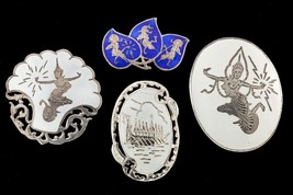 Gorgeous Sterling Silver Siam Niello Enamel Brooch Set of 4 - $6,036.79 MXN