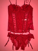 Victoria&#39;s Secret 32C/34B S GARTER CORSET+crotchless panty RED lace VALE... - £77.84 GBP