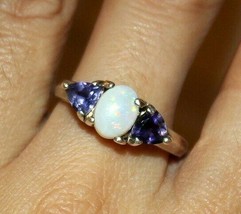 Lab Created Opal &amp; Purple Tanzanite Gemstones .925 Sterling Silver Ring Size 9 - £28.13 GBP