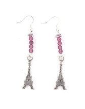 Earrings Pair Eiffel Tower Charms Brown Silver Beads Sterling Hooks 2&quot; Long - £6.01 GBP