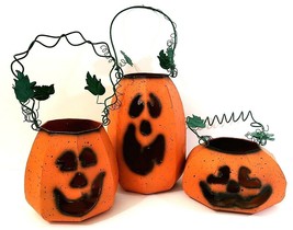 Halloween Metal Pumpkin Jack-O-Lantern Candle Holders W/Handles Set Of 3 - $43.93