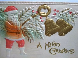Santa Raised Image Christmas Postcard Original Airbrushed Embossed Bells Vintage - £27.72 GBP
