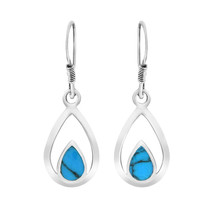 Trendy Sterling Silver Teardrops with Blue Turquoise Inlay Dangle Earrings - £10.16 GBP