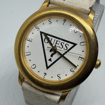 Vintage Guess Quartz Watch Unisex Gold Tone White Leather Analog New Battery - $23.74