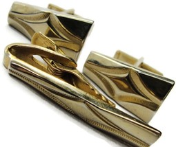 Vintage Rectangle Cufflinks Set Tie Clip Gold Tone Wedding Accessories Pat No - £23.32 GBP