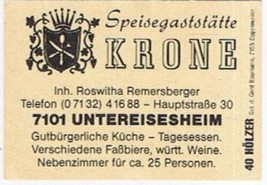 Matchbox Label Germany Speisegaststatte Krone Restaurant Untereisesheim - £0.76 GBP