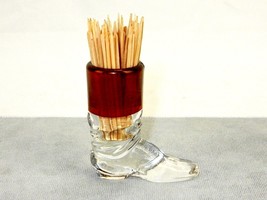 Glass Boot Toothpick Holder, Cut Ruby Cuff, Clear Bottom, Vintage, TPK-446 - £11.70 GBP