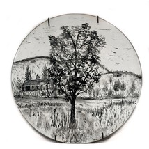 Art Autumn Country Scene At Nigh Black &amp; White Enamel on Copper Plate Vi... - £19.56 GBP