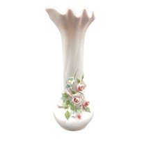 Vintage Pale Pink Lefton Bud Vase Applied Rose flowers 6 1/4" Porcelain - $19.79