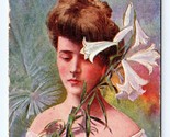 Art Nouveau Woman w Lilies Flowers Happy Easter UNP Unused DB Postcard O5 - $13.81