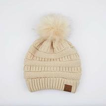 Beige Pom - Beanie Hat Stretch Cable Knit Ribbed Super Soft Faux Fur Pom Pom - £20.60 GBP