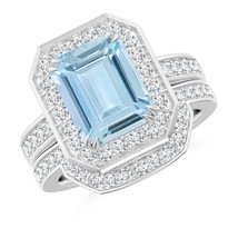 ANGARA Emerald Cut Aquamarine Bridal Ring Set with Diamond Band in 14K Gold - £1,784.65 GBP