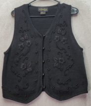 Requirements Sweater Vest Women&#39;s Petite Medium Black Floral Beaded Button Front - £14.62 GBP