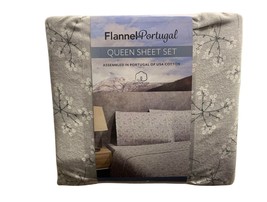 Flannel From Portugal Gray Floral Flannel Sheet Set 4 Piece Queen 100% Cotton - £48.18 GBP