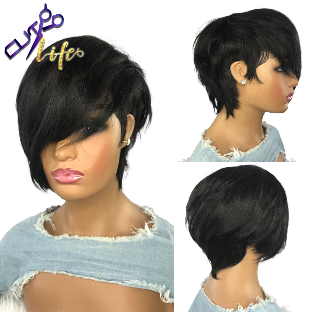 The Short Cut Wavy Bob Pixie Wigs Non Lace Front Human Hair Wigs With Bangs F - £34.71 GBP+