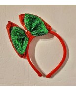 Girl&#39;s Christmas Plastic Headband Red and Green Sequin Fabric Double Bow... - £7.82 GBP