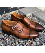 Handmade double monk shoes brown patina leather monk shoes for men dress... - £136.54 GBP+