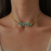 Teal Enamel &amp; 18K Gold-Plated Curb Chain Necklace - £10.38 GBP