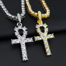 CZ ANKH Cross Pendant Punk Hip Hop Necklace Stainless Steel ICED Tennis Chain - $19.99