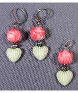 Earrings &amp; Matching Pendant Coral Color Roses &amp; Green Hearts 1.25&quot; to 1.... - £10.00 GBP