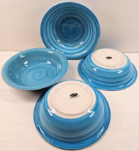 4 Citrus Grove Aqua Blue Coupe Soup Bowls Set Hand Painted Swirls Serve Dish Lot - £87.21 GBP