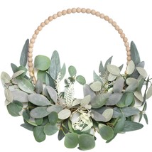 TEMPUS 16&quot; Wood Bead Eucalyptus Leaf Wreath Artificial Green Leaf Wreath Spring  - £27.76 GBP