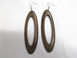 New Element Dark Brown Color Stained Wood Dangling Long Oval Hoop Style Earrings - £6.31 GBP
