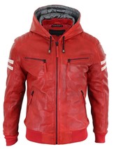 Men Leather Jacket Hood Hooded Mens Bomber Real Red Biker Motorcycle Coat 3 - £72.61 GBP+