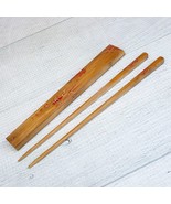 Vintage Wood Bamboo Authentic Hand Painted 6.5&quot; Chopsticks w/ Sheath Holder - £22.46 GBP