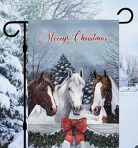 Merry Christmas 3 Horses by Fence ~ Holiday ~  Garden Flag ~ 12&quot; x 18&quot; ~... - £9.57 GBP