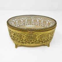 Vtg Oval 24kt Gold Plate Filigree Jewelry trinket Box Glass Lid 6&quot; Velvet Lined - $34.99