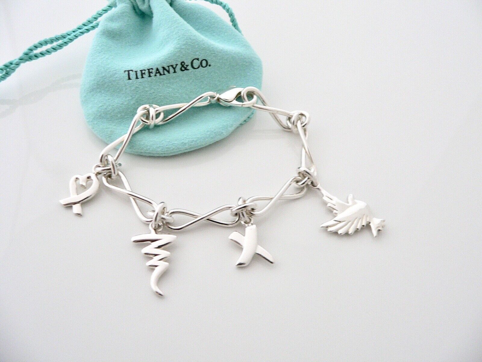 Tiffany & Co Charm Bracelet Heart Dove Kiss Scribble Bangle Jewelry Gift Pouch - $498.00
