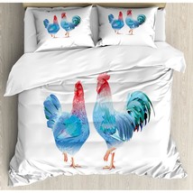 Chicken Duvet Cover Set, Blue Rooster And Hen Domestic Farm Animals In Abstract  - £119.49 GBP