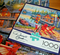 Jigsaw Puzzle 1000 Pieces Log Cabin Lakeside Boats Ducks Soaring Eagle C... - $14.84