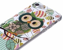 Iphone 7 / 8 - Hard Rubber Gummy Case Cover Green Glitter Tree Owl Leaves - £12.77 GBP