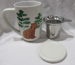 Davids Tea NORDIC MUG with lid and infuser 16 oz BROWN BEARS on white wood grain - £35.43 GBP