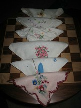 Lot of 6 Vintage Ladies Floral Embroidered Handkerchiefs - #M - £14.11 GBP
