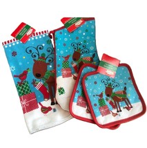 4pc-Holiday Kitchen Reindeer Hand Towel Potholder Oven Mitt Christmas Decoration - £7.56 GBP