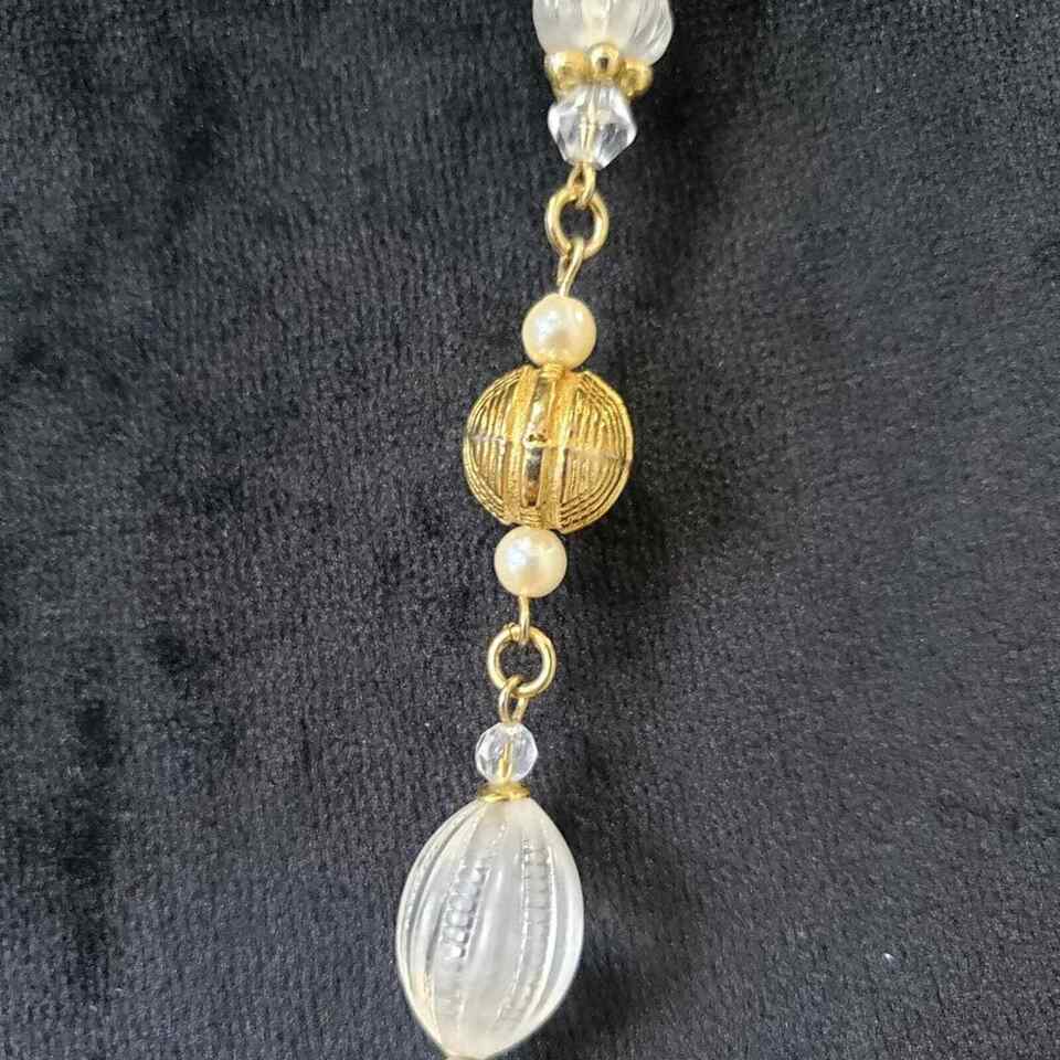 1928 Womens Fashion Clear Crystals Faux Pearl Beaded Long Necklace with Lobster Item image 2