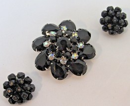 Jet Black &amp; Crystal Clear AB Rhinestones Pinwheel 2&quot; Brooch 1&quot; Clip-on E... - £7.96 GBP