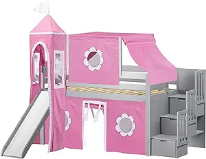Princess Low Loft Stairway Bed With Slide Pink &amp; White Tent And Tower, L... - $1,109.99