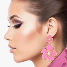 Tropical Flowers Pink, Yellow, Lavender Epoxy Dangle Drop Gold Plated Earring - £31.46 GBP