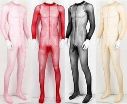 Men&#39;s See Transparent Bodysuit Long Sleeve Jumpsuits Nylon Sheer Body stockings - £11.11 GBP+