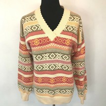Vintage Izod Club Sweater size L XL Orange Green Fair Isle V-Neck Pullover SV2 - £11.56 GBP